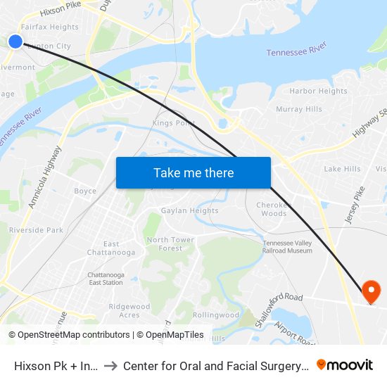 Hixson Pk + Intermont to Center for Oral and Facial Surgery of Chattanooga map