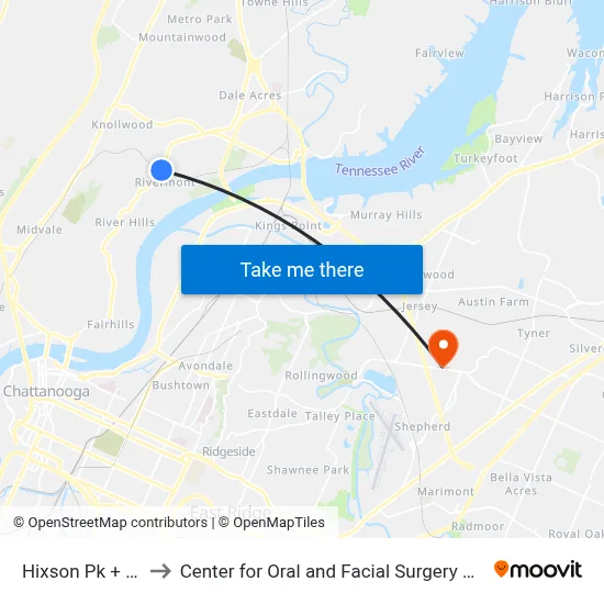 Hixson Pk + Lupton to Center for Oral and Facial Surgery of Chattanooga map