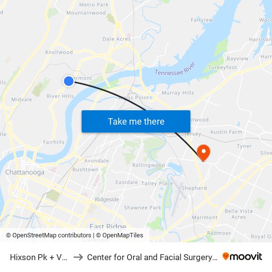 Hixson Pk + Van Buren to Center for Oral and Facial Surgery of Chattanooga map