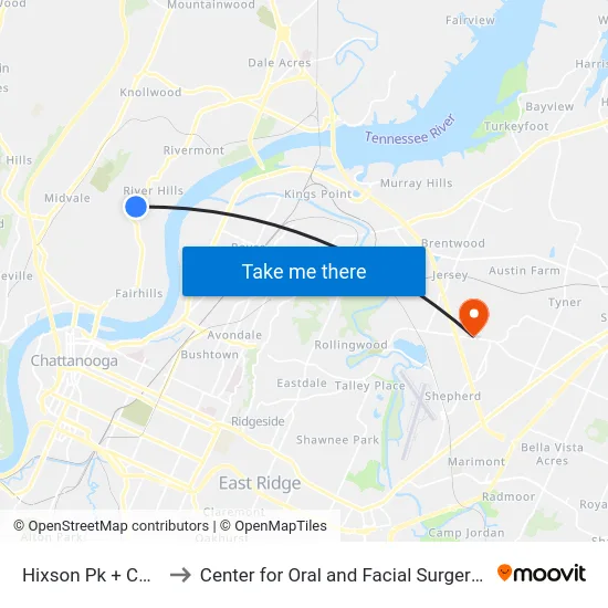 Hixson Pk + Continental to Center for Oral and Facial Surgery of Chattanooga map