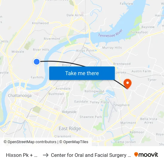 Hixson Pk + Woodhill to Center for Oral and Facial Surgery of Chattanooga map