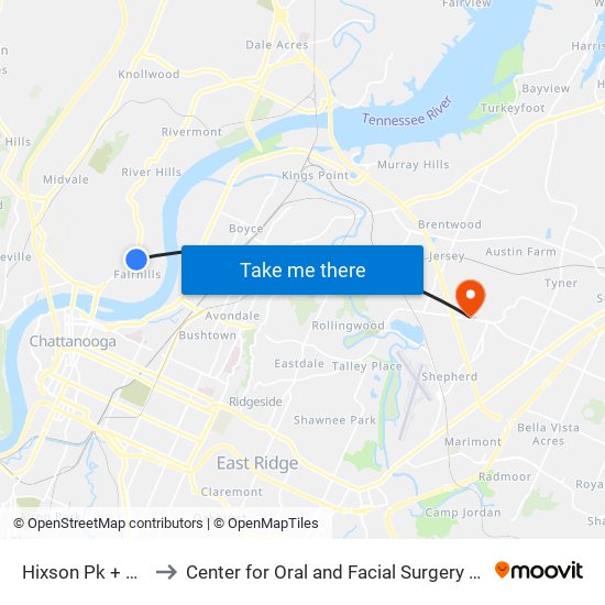 Hixson Pk + Hanover to Center for Oral and Facial Surgery of Chattanooga map