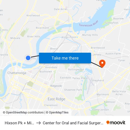 Hixson Pk + Mississippi to Center for Oral and Facial Surgery of Chattanooga map