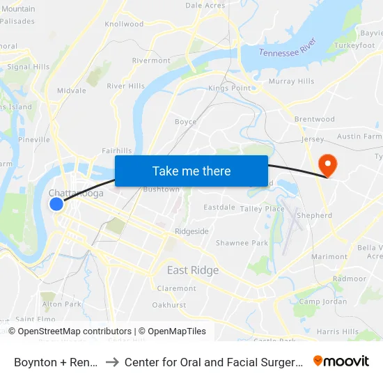 Boynton + Renaissance to Center for Oral and Facial Surgery of Chattanooga map