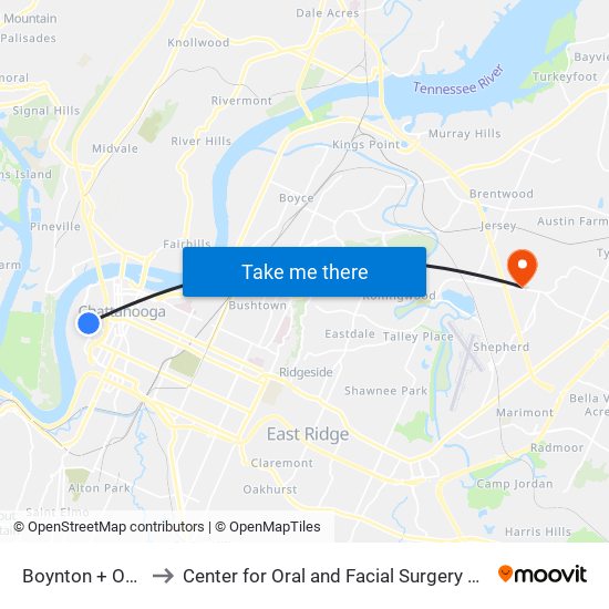 Boynton + Overlook to Center for Oral and Facial Surgery of Chattanooga map