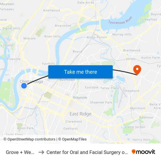 Grove + West Side to Center for Oral and Facial Surgery of Chattanooga map