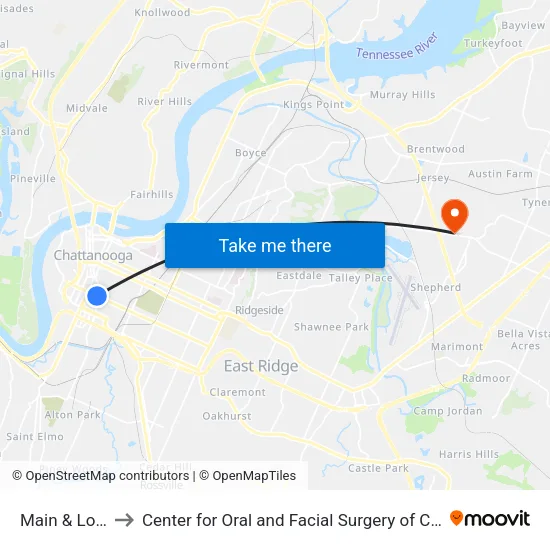 Main & Long-1 to Center for Oral and Facial Surgery of Chattanooga map