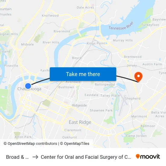 Broad & 5th1 to Center for Oral and Facial Surgery of Chattanooga map