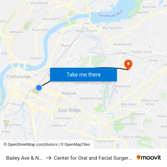 Bailey Ave & National-0 to Center for Oral and Facial Surgery of Chattanooga map
