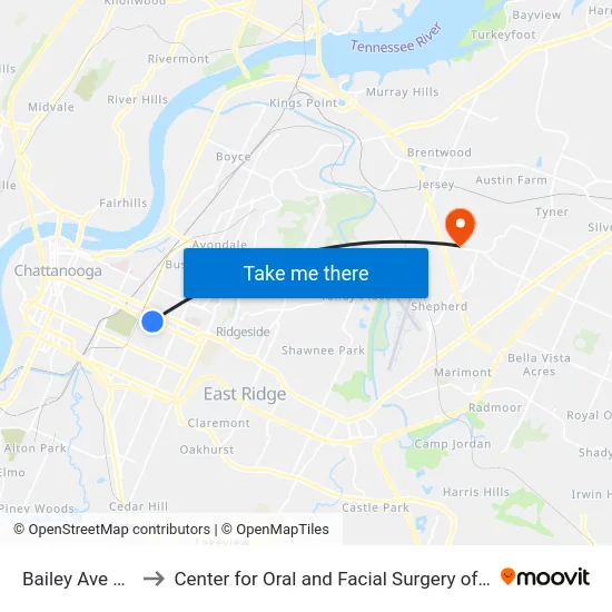 Bailey Ave + Holly to Center for Oral and Facial Surgery of Chattanooga map