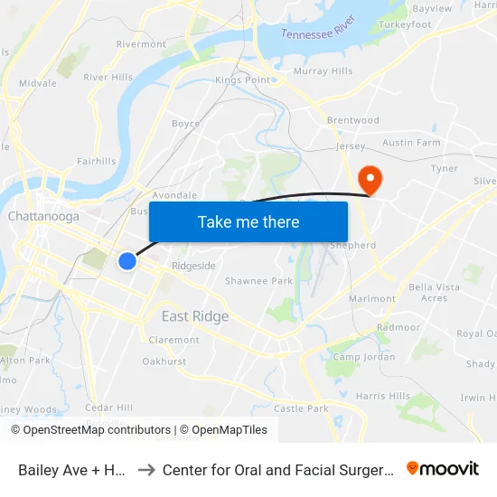 Bailey Ave + Hawthorne to Center for Oral and Facial Surgery of Chattanooga map