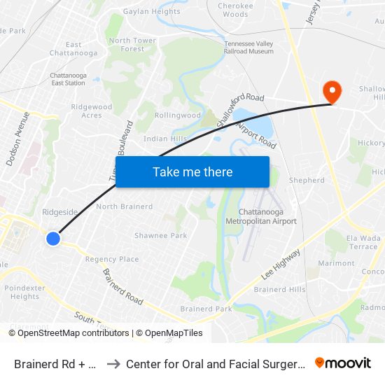 Brainerd Rd + Elmwood to Center for Oral and Facial Surgery of Chattanooga map