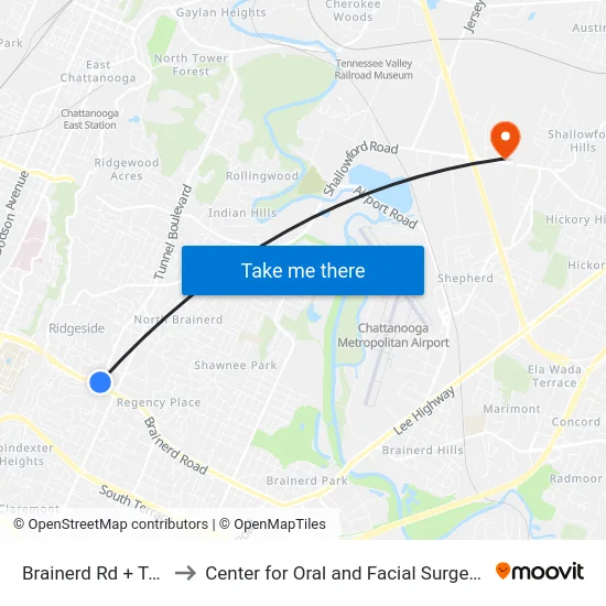 Brainerd Rd + Tunnel Blvd to Center for Oral and Facial Surgery of Chattanooga map