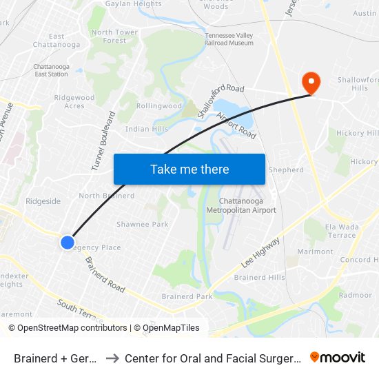 Brainerd + Germantown to Center for Oral and Facial Surgery of Chattanooga map