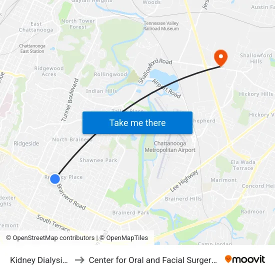 Kidney Dialysis Clinic-0 to Center for Oral and Facial Surgery of Chattanooga map