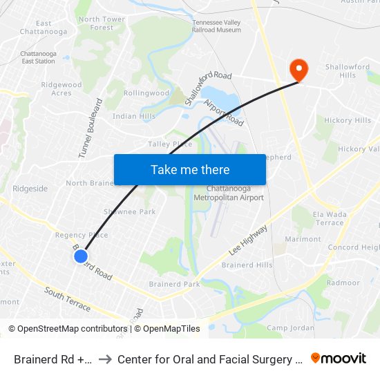 Brainerd Rd + Belvoir to Center for Oral and Facial Surgery of Chattanooga map