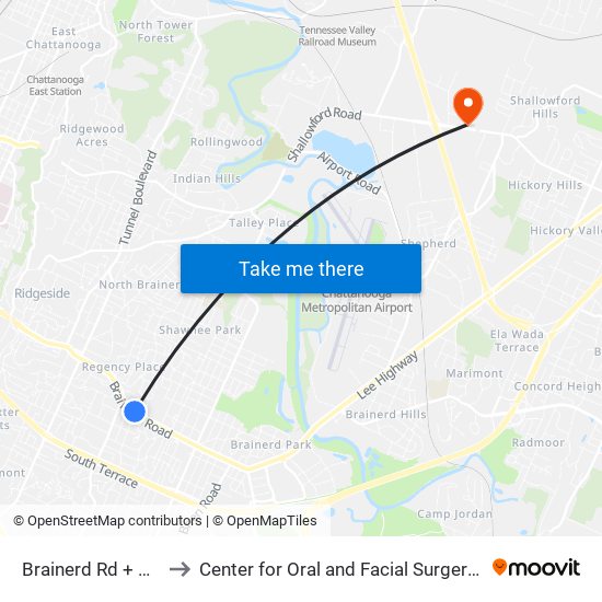 Brainerd Rd + Brookfield to Center for Oral and Facial Surgery of Chattanooga map