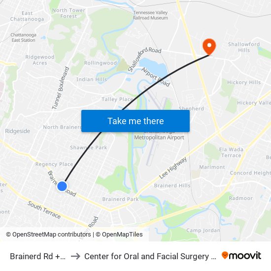 Brainerd Rd + Tuxedo to Center for Oral and Facial Surgery of Chattanooga map