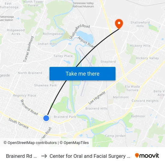 Brainerd Rd + Lovell to Center for Oral and Facial Surgery of Chattanooga map