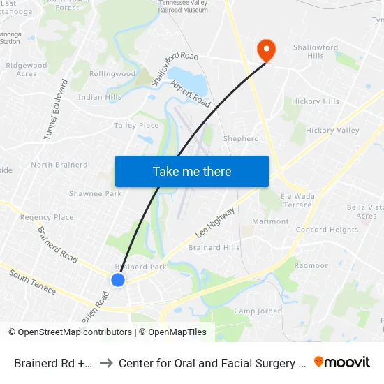 Brainerd Rd + Brooks to Center for Oral and Facial Surgery of Chattanooga map