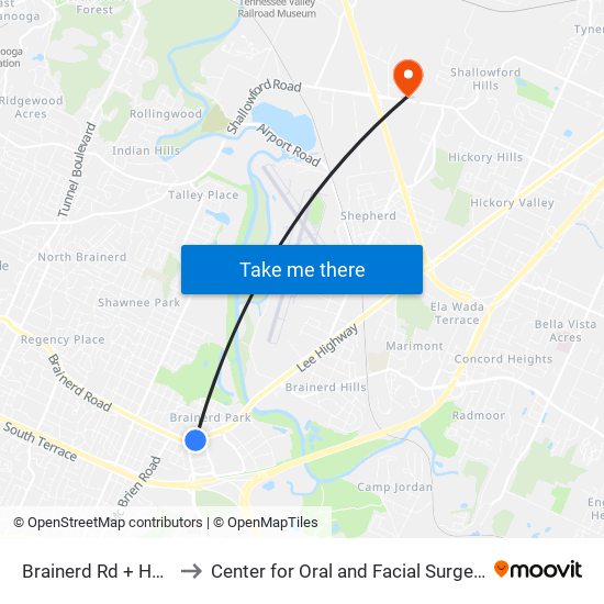 Brainerd Rd + Holiday Bowl to Center for Oral and Facial Surgery of Chattanooga map