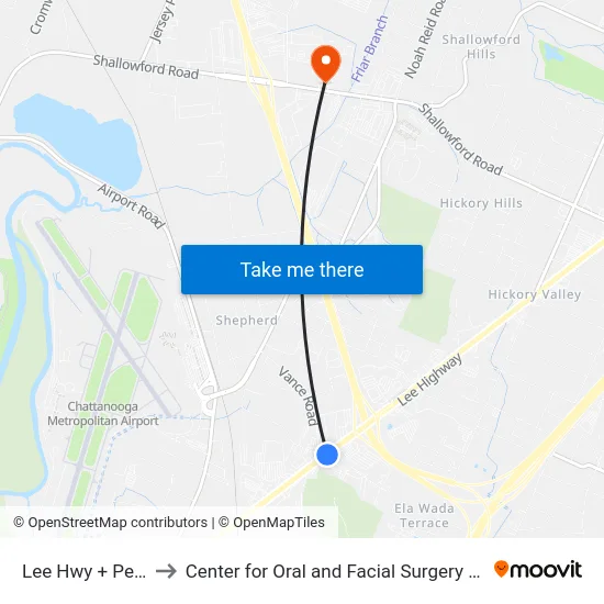 Lee Hwy + Perimeter to Center for Oral and Facial Surgery of Chattanooga map