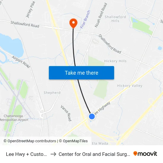 Lee Hwy + Custormer Delight to Center for Oral and Facial Surgery of Chattanooga map