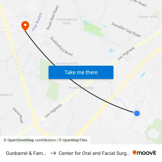 Gunbarrel & Famous Dave'S-1 to Center for Oral and Facial Surgery of Chattanooga map