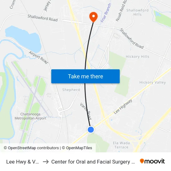Lee Hwy & Vance -1 to Center for Oral and Facial Surgery of Chattanooga map