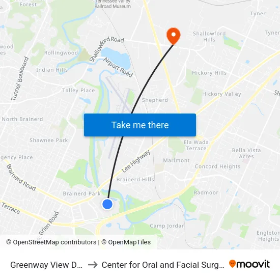 Greenway View Drive + Marlin to Center for Oral and Facial Surgery of Chattanooga map