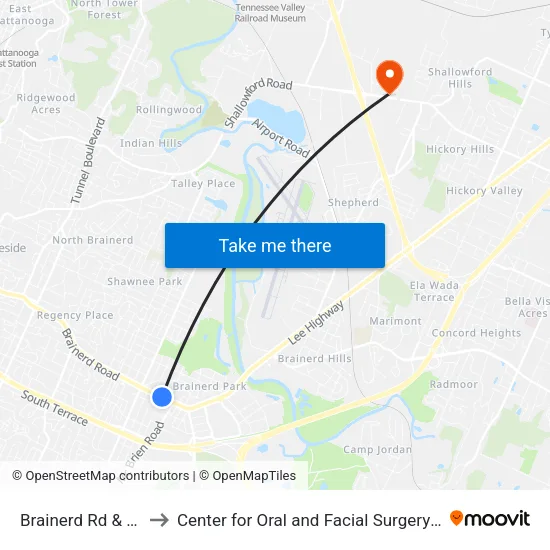 Brainerd Rd & Howell-1 to Center for Oral and Facial Surgery of Chattanooga map