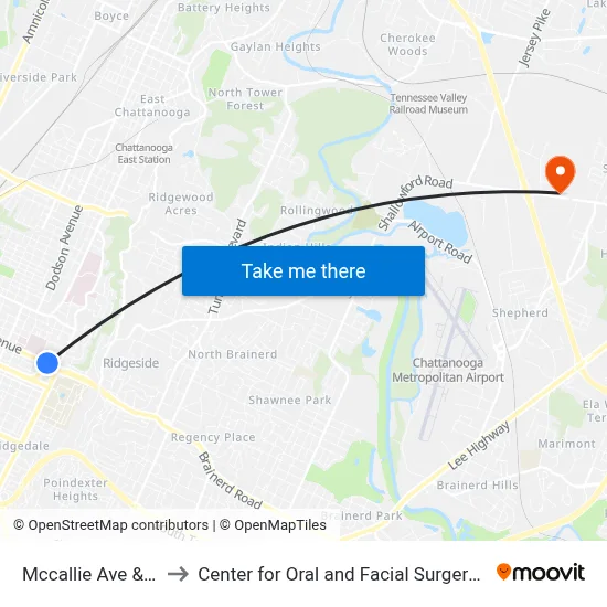 Mccallie Ave & Kilmer-1 to Center for Oral and Facial Surgery of Chattanooga map