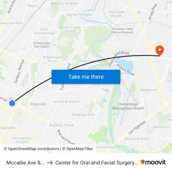 Mccallie Ave & Derby-1 to Center for Oral and Facial Surgery of Chattanooga map