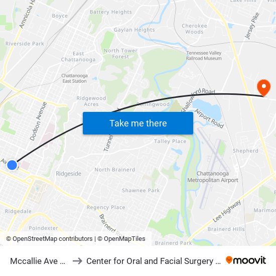 Mccallie Ave + Willow to Center for Oral and Facial Surgery of Chattanooga map