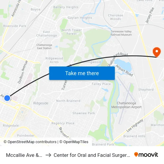 Mccallie Ave & Willow-1 to Center for Oral and Facial Surgery of Chattanooga map