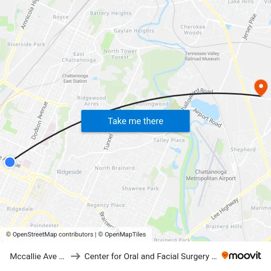 Mccallie Ave & Beech to Center for Oral and Facial Surgery of Chattanooga map