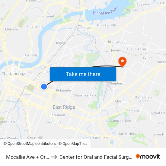 Mccallie Ave + Orchard Knob to Center for Oral and Facial Surgery of Chattanooga map