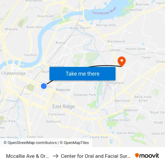 Mccallie Ave & Orchard Knob-1 to Center for Oral and Facial Surgery of Chattanooga map