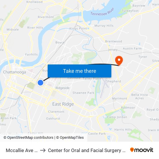 Mccallie Ave + Holly to Center for Oral and Facial Surgery of Chattanooga map