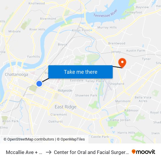 Mccallie Ave + Holtzclaw to Center for Oral and Facial Surgery of Chattanooga map