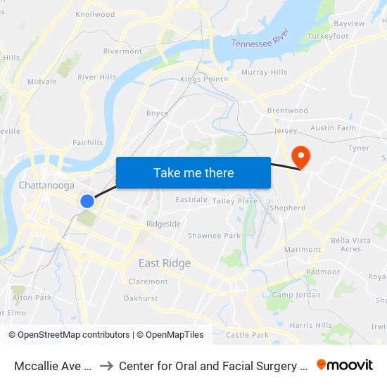 Mccallie Ave + Oneal to Center for Oral and Facial Surgery of Chattanooga map