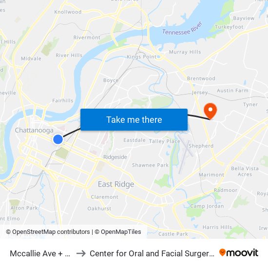 Mccallie Ave + Fortwood to Center for Oral and Facial Surgery of Chattanooga map