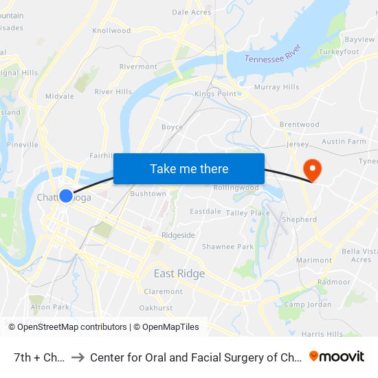 7th + Cherry to Center for Oral and Facial Surgery of Chattanooga map