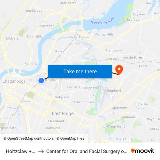 Holtzclaw + Citico to Center for Oral and Facial Surgery of Chattanooga map