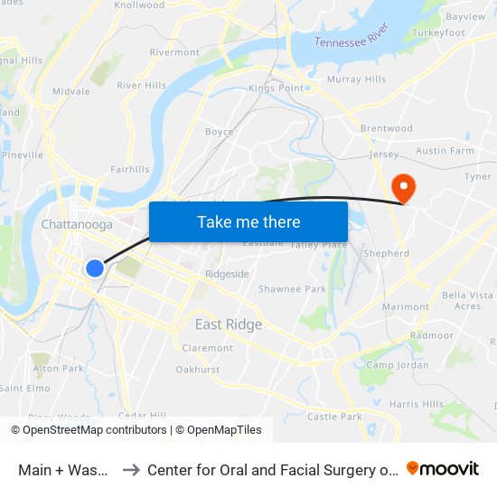 Main + Washington to Center for Oral and Facial Surgery of Chattanooga map