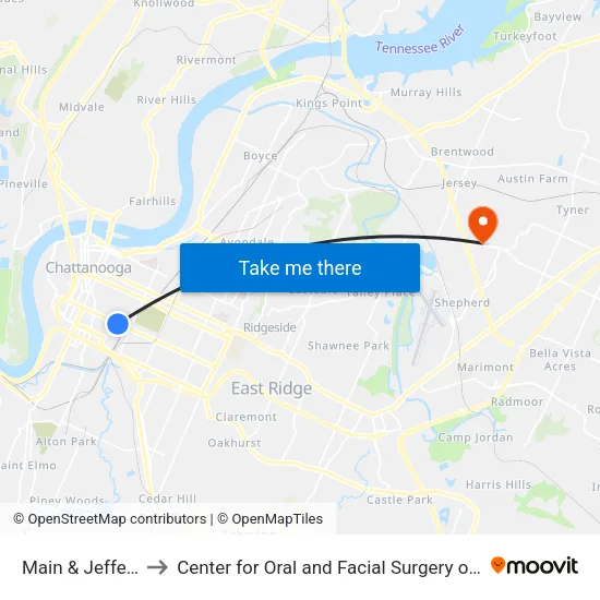 Main & Jefferson-0 to Center for Oral and Facial Surgery of Chattanooga map