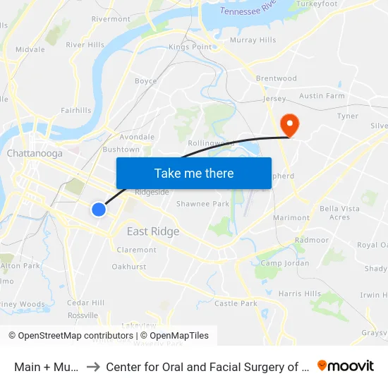 Main + Mulberry to Center for Oral and Facial Surgery of Chattanooga map