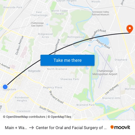 Main + Watkins to Center for Oral and Facial Surgery of Chattanooga map