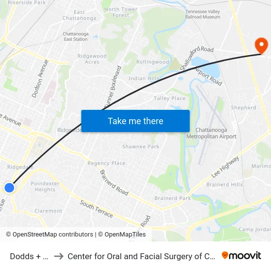Dodds + 23rd to Center for Oral and Facial Surgery of Chattanooga map