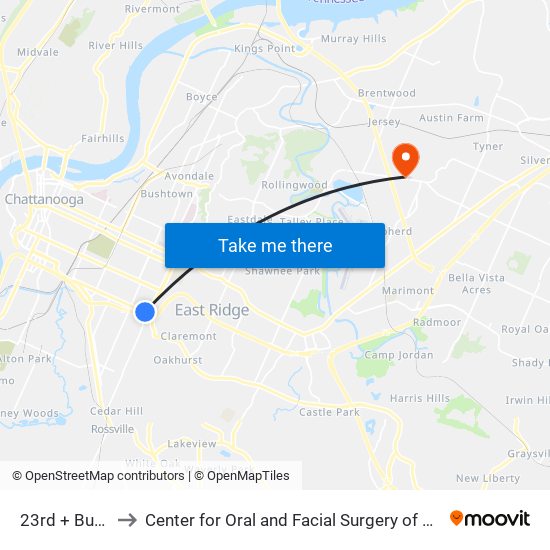 23rd + Buckley to Center for Oral and Facial Surgery of Chattanooga map